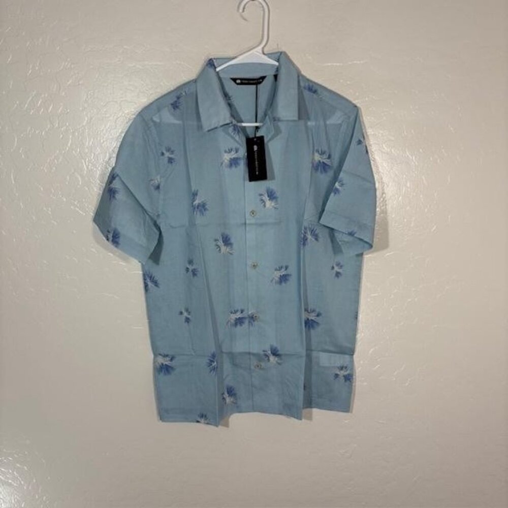 TravisMathew Shirt Mens Medium Blue Cane Holiday Palm Print Short Sleeve Button
